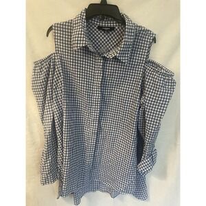 Chelsea Studio Womens 18/20 Button Up Shirt Blue White Cold Shoulder Long Slv